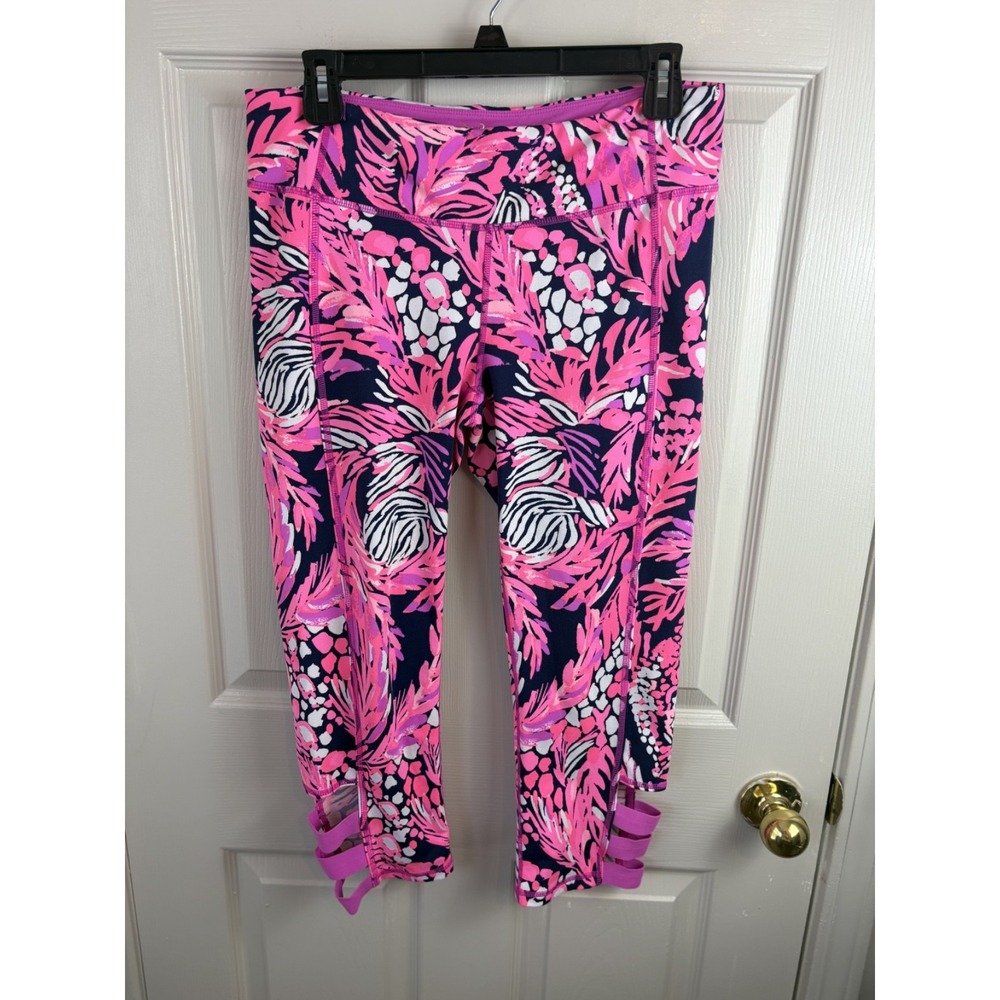 Lilly Pulitzer Luxletic Leggings Womens L Pink Navy Zebra Palm Crop Excellent
